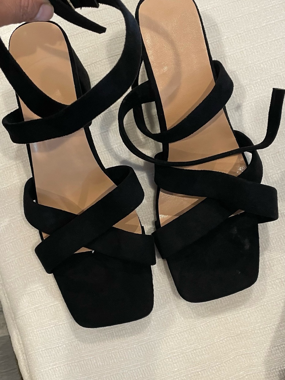 SHEIN Black Suede Wrap-Strap Square Toe Block Heels